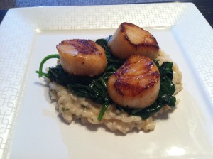 Seared Scallops over Wilted Spinach and Parm Cheese Risotto